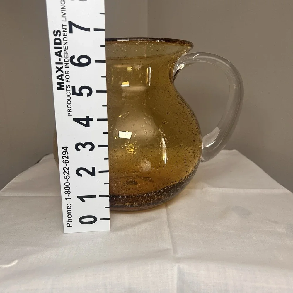 Vintage Amber Bubble Glass Pitcher Clear Handle Hand Blown Art Glass 90 Oz